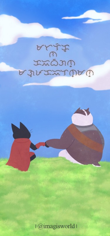 black_body black_fur fist_bump fur gesture grass plant sitting text imagisworld cartoon_network mao_mao:_heroes_of_pure_heart badgerclops sheriff_mao_mao_mao badger domestic_cat felid feline felis mammal mustelid musteline baybayin_text hi_res translation_request