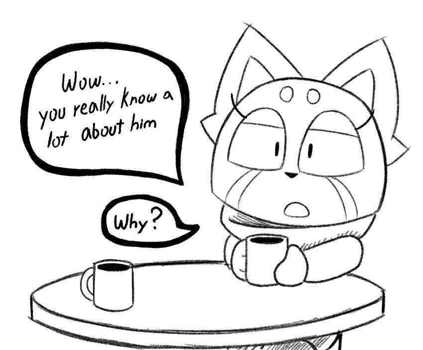 4_fingers black_eyes black_nose cafeteria chair clothed clothing coffee_mug dialogue eyebrows eyelashes female fingers furniture holding_object on_chair open_mouth red_nulo simple_background sitting sitting_on_chair solo speech_bubble sweater table text topwear turtleneck redpandanull aggretsuko sanrio retsuko ailurid mammal red_panda 2023 english_description english_text hi_res monochrome