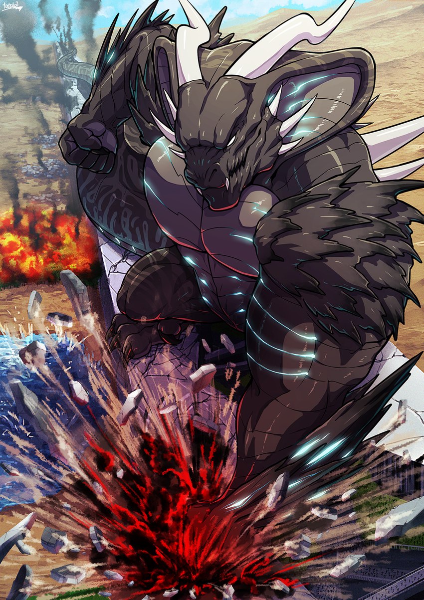 5_fingers abs anthro attack biceps big_tail blue_glow building building_destruction burning city city_destruction claws desert destruction explosion extreme_size_difference feet fingers fire glowing glowing_markings grey_body grey_scales group huge_tail landscape_dwarfing macro macro_anthro macro_male male markings muscular muscular_anthro muscular_male nude outside paws pecs plant punch rampage scaled_penis scales size_difference sky solo tail teeth toe_claws toes tatugon kai'nek_(pyronite) cobra kaiju reptile scalie snake hi_res