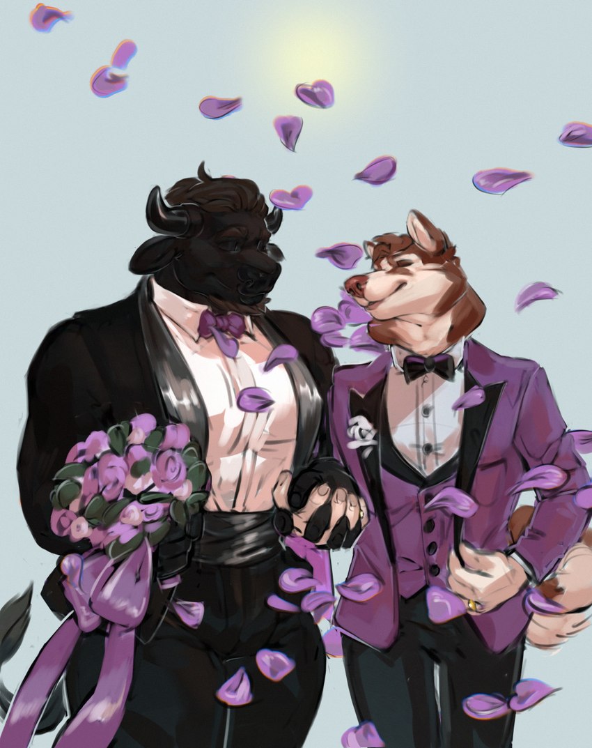 anthro black_body black_bow_tie black_fur black_tie_(suit) bow_tie brown_body brown_fur brown_nose clothing day digit_ring duo eyes_closed facial_hair flower fur hand_holding holding_clothing holding_flower holding_jacket holding_object holding_topwear horn husband husband_and_husband jacket jewelry male male/male married_couple multicolored_body multicolored_fur muscular muscular_male outside petals plant purple_bow_tie purple_clothing purple_flower purple_jacket purple_suit purple_topwear purple_vest ring romantic romantic_couple simple_background sky smile suit sun topwear two_tone_body two_tone_fur vest wedding wedding_ring white_body white_fur didihell braford_galloway toklo_(damie) alaskan_malamute bovid bovine canid canine canis cattle domestic_dog mammal nordic_sled_dog spitz 2022 hi_res