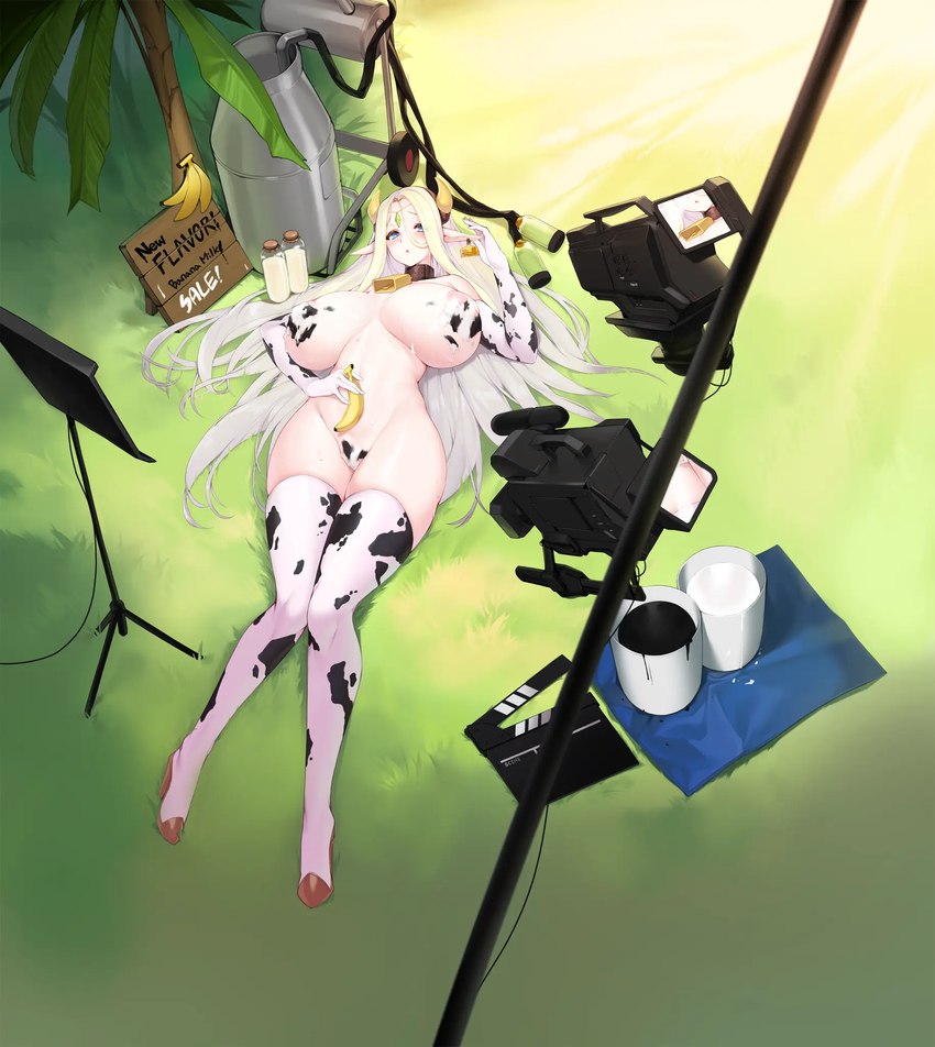 animal_print armwear banana bell big_breasts bikini blonde_hair blue_eyes bodypaint boots bovid_horn bovine_horn breasts camera circlet cleavage clothed clothing collar cow_horn cow_print cowbell ear_piercing ear_tag elbow_gloves female food footwear fruit game_cg gloves grass hair hair_between_eyes handwear high_heeled_boots high_heels horn huge_breasts humanoid_pointy_ears legwear long_hair long_pointy_ears milk_churn naked_paint neck_bell nipples nude official_alternate_costume piercing plant pointy_ears shoes solo swimwear text thigh_boots thigh_highs tree two-piece_swimsuit snowball22 last_origin cerestia_of_life elf humanoid tag_(disambiguation) english_text full-length_portrait hi_res official_art portrait