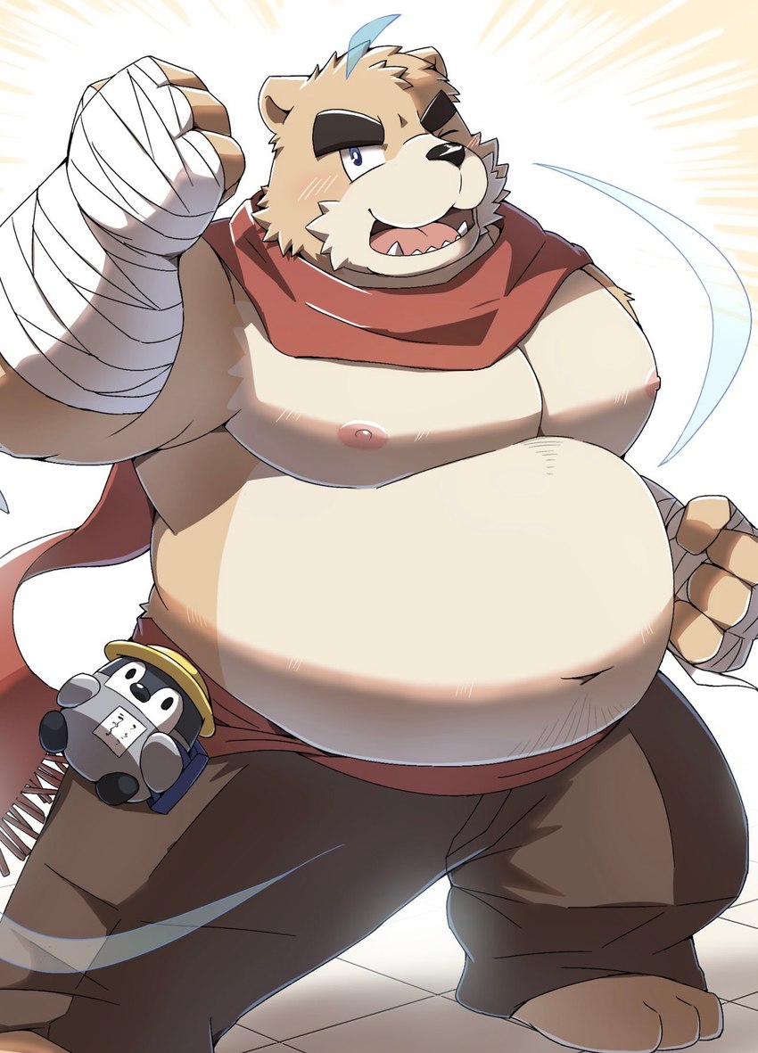 anthro belly big_belly kemono male moobs navel nipples open_mouth overweight overweight_male scarf simple_background solo white_background emufu canid canine canis domestic_dog mammal 2025 hi_res