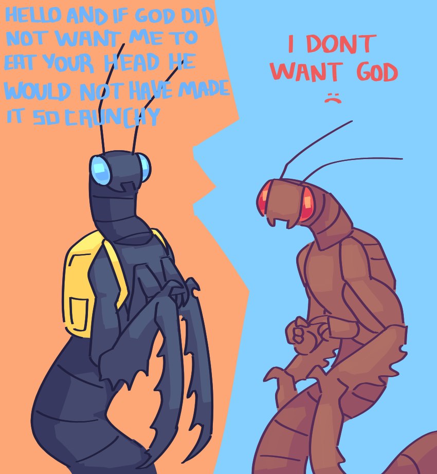 ambiguous_gender antennae_(anatomy) anthro apode backpack blue_body blue_eyes brown_body duo legless looking_at_viewer mandibles mantis_arms red_eyes serpentine simple_background split_form text beanysprout space_station_13 arthropod draconcopode giant_armored_serpentid insect lamia mantis reptile scalie snake 2021 digital_media_(artwork) english_text shaded simple_shading