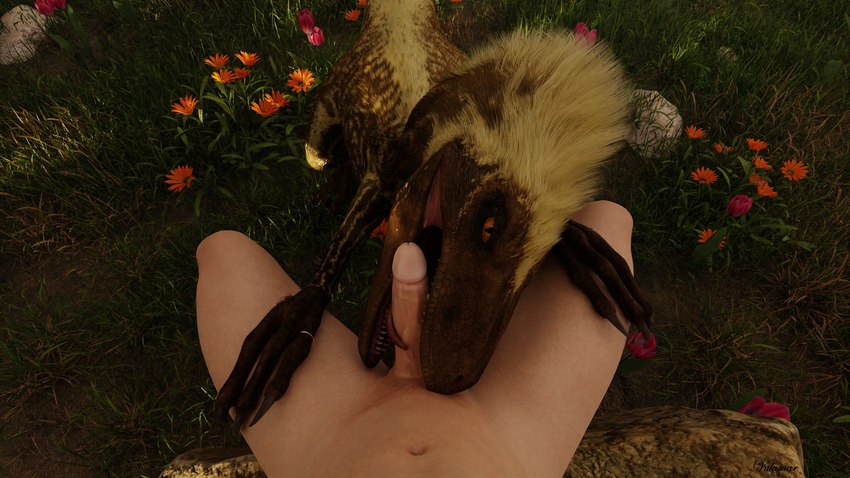 bestiality bestiality_marriage claws crouching duo feathered_theropod feathers fellatio female feral first_person_view flower forepaws_on_legs forepaws_on_thighs genitals grabbing_both_legs grabbing_both_thighs hands_on_legs hands_on_thighs human_on_feral interspecies licking looking_at_viewer male male/female male_on_feral male_pov meadow nude oral penile penis penis_between_forepaws penis_between_hands penis_lick plant ring sex sitting teeth teeth_showing text tongue tongue_out vulumar molly_(vulumar) deinonychus dinosaur dromaeosaurid feathered_dinosaur feathered_dromaeosaurid feathered_raptor feathered_scalie human mammal prehistoric_species reptile scalie theropod 16:9 3d_(artwork) blender_(artwork) digital_media_(artwork) english_text hi_res widescreen