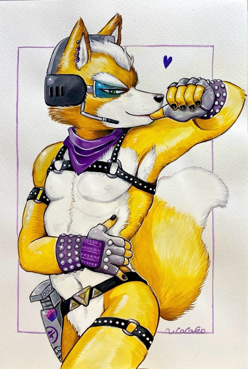 anthro belt bisexual_pride_colors clothed clothing fingerless_gloves fur gloves green_eyes handwear harness lgbt_pride male mostly_nude nipples orange_body orange_fur pecs pride_color_sticker pride_colors scouter skimpy slutty_face smile solo sticker thigh_strap ulala_ko nintendo star_fox fox_mccloud canid canine fox mammal hi_res