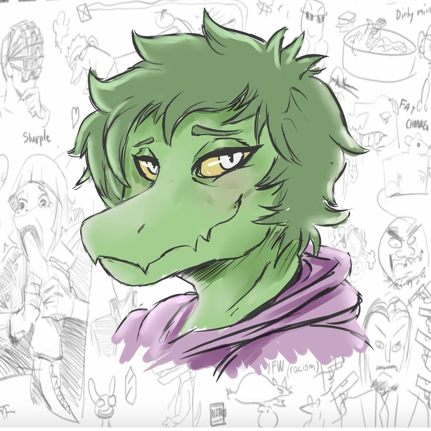 anthro clothing detailed_background eyelashes female green_body green_hair green_scales grey_eyes hair hoodie looking_at_viewer scales short_hair smile snout solo topwear yellow_sclera neltharion290 cavemanon_studios i_wani_hug_that_gator saturn_devouring_his_son olivia_halford baryonyx dinosaur prehistoric_species reptile scalie spinosaurid theropod 1:1 2024 absurd_res digital_drawing_(artwork) digital_media_(artwork) hi_res