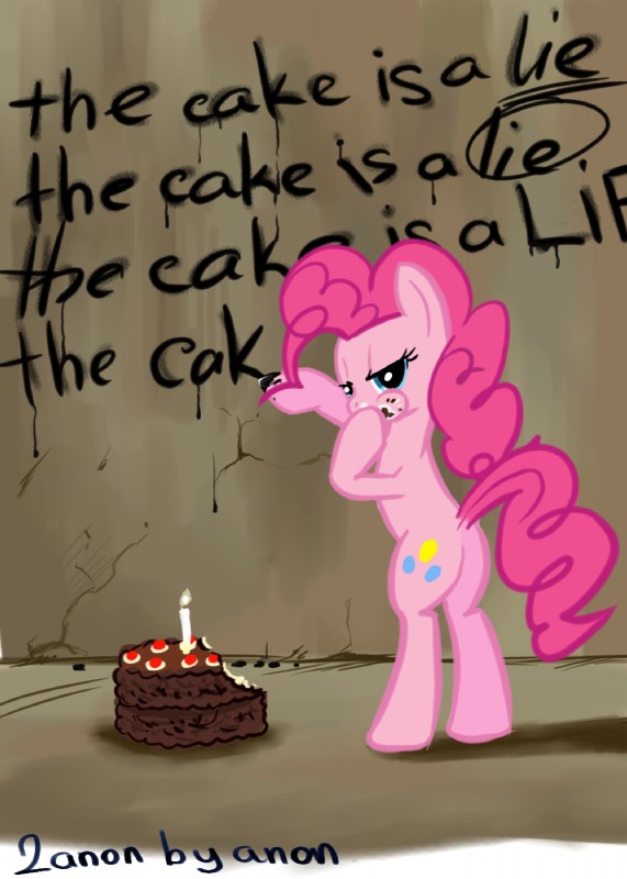 black_forest_cake blue_eyes butt cake candle dessert female feral food fur hair pink_body pink_fur pink_hair solo tail the_cake fiarel friendship_is_magic hasbro my_little_pony portal_(series) the_cake_is_a_lie valve pinkie_pie_(mlp) earth_pony equid equine horse mammal pony crossover hi_res meme