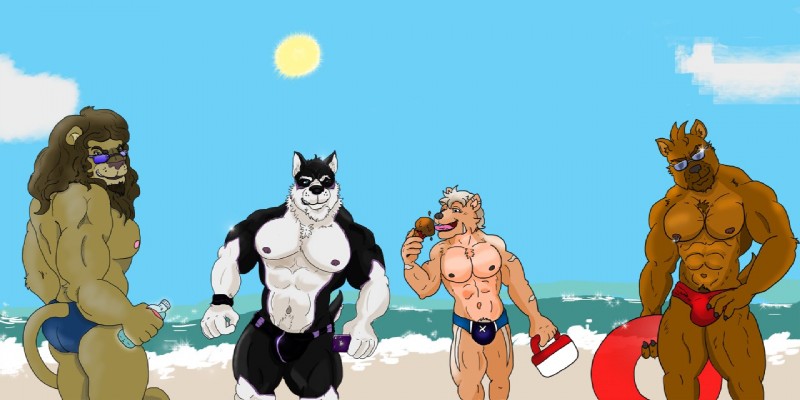 anthro beach clothed clothing dessert food group ice_cream looking_at_viewer male outside seaside skimpy speedo sun swimwear topless loop_the_jobber_dog big_leo frost_tiger jeb_(character) sebastian_king canid canine canis domestic_dog felid lion mammal pantherine 2:1