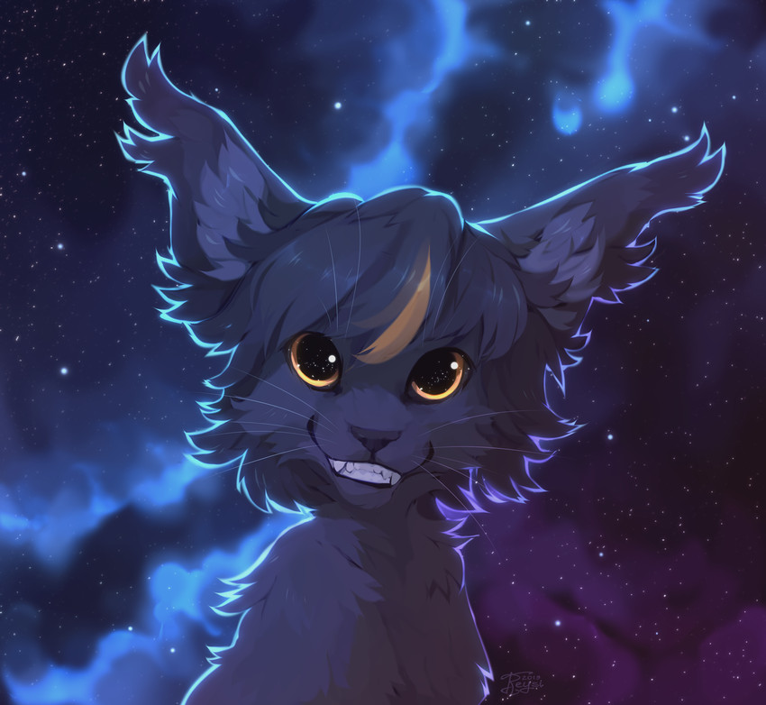 ambiguous_gender black_body black_fur black_hair black_nose cosmic_background feral fur hair nebula night outside sky smile solo star starry_sky starscape reysi fray_(reysi) domestic_cat felid feline felis mammal 2019 absurd_res digital_media_(artwork) hi_res