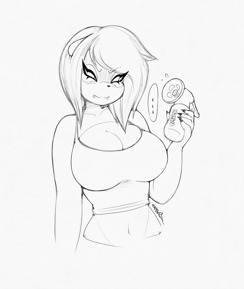 anthro big_breasts bra breasts chav cleavage clothed clothing cute_fangs ellipsis female holding_object machine makeup mascara midriff milking_machine navel solo sports_bra topwear tube_top underwear smokyjai sol_paws bear giant_panda mammal 2022 digital_drawing_(artwork) digital_media_(artwork) hi_res monochrome signature sketch