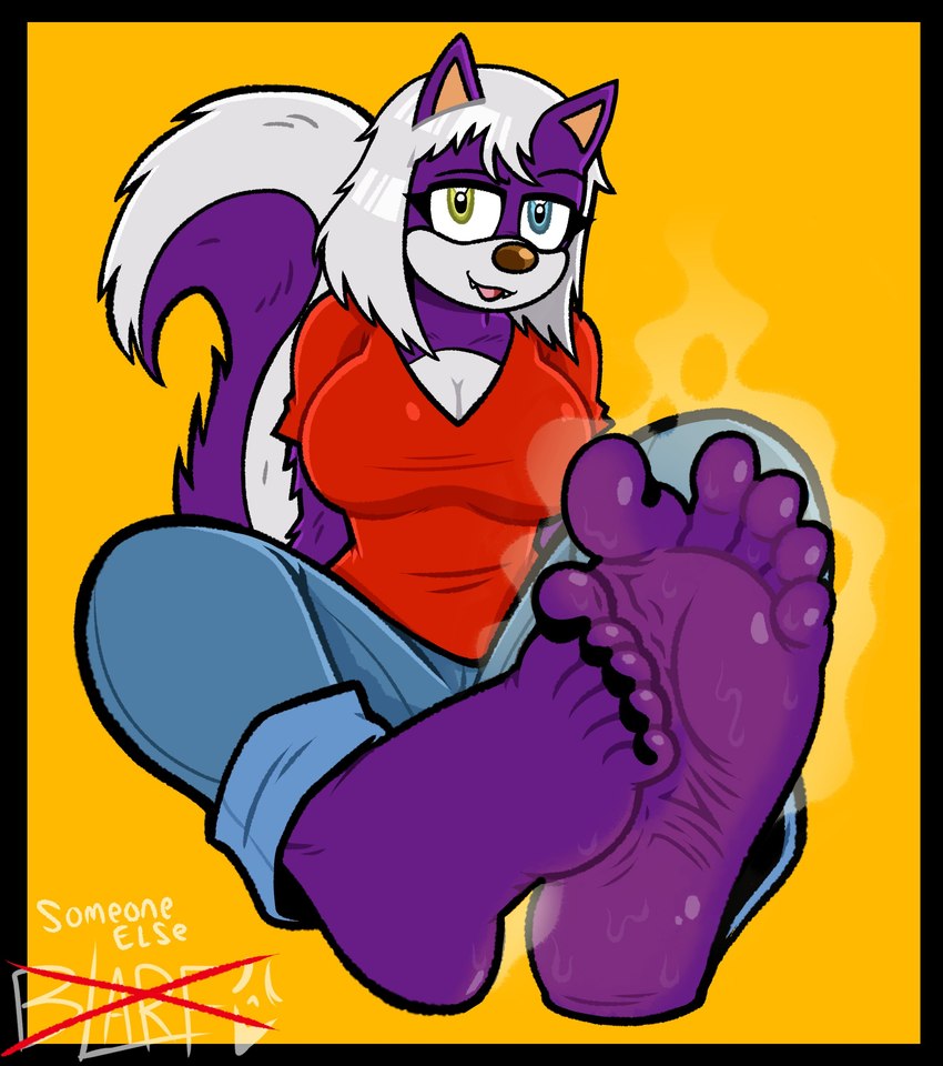 5_toes anthro big_breasts black_nails black_toenails bodily_fluids breasts cleavage clothed clothing colored_nails eyebrows feet female foot_fetish foot_focus fur hair heterochromia holidays huge_breasts humanoid_feet musk nails plantigrade purple_body purple_fur raised_eyebrow sitting sitting_on_ground smelly smelly_feet soles solo stink_fumes stink_lines sweat sweaty_feet toenails toes white_hair wrinkled_feet wrinkles blarf022 april_fools'_day mike_and_melissa melissa_mouffette mammal mephitid skunk 2023 absurd_res hi_res