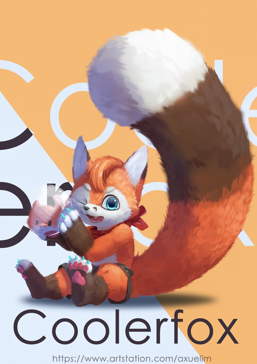 anthro biped blue_eyes cute_fangs fangs fur kerchief male one_eye_closed open_mouth pawpads red_body red_fur simple_background solo teeth text wink zhongs2011 ailurid mammal red_panda absurd_res english_text hi_res url