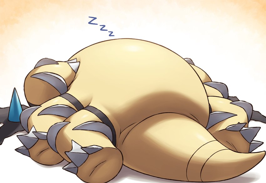 3_toes 6_legs ambiguous_gender belly claws featureless_crotch feet feral gold_claws lying on_back sleeping slightly_chubby solo sound_effects toe_claws toes vowelless vowelless_sound_effect yellow_body zzz on_ice_(artist) nintendo pokemon altered_forme_giratina generation_4_pokemon giratina legendary_pokemon pokemon_(species) shiny_pokemon absurd_res hi_res