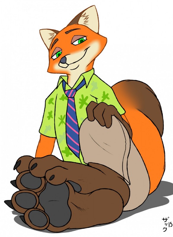 3_toes aloha_shirt anthro barefoot biped clothed clothing feet foot_focus fur green_eyes looking_at_viewer male necktie pattern_clothing pattern_shirt pattern_topwear pawpads paws red_body red_fur shirt sitting smile smirk soles solo toepad toepads toes topwear conditional_dnp zp92 disney zootopia nick_wilde canid canine fox mammal red_fox true_fox 2015 digital_media_(artwork) hi_res