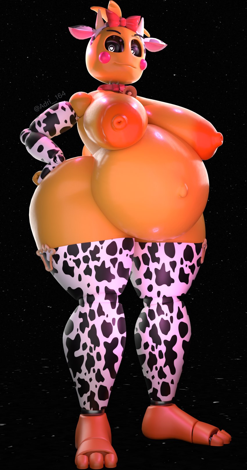 animal_print animal_print_thigh_highs areola beakless belly big_belly big_breasts breast_squish breasts clothing cow_print cow_print_armwear cow_print_thigh_highs curvy_figure female hands_on_hips heart_eyes heart_symbol legwear looking_at_viewer machine navel orange_areola pattern_clothing pattern_legwear pattern_thigh_highs pregnant pregnant_female solo squish thigh_highs wide_hips adri164 five_nights_at_freddy's five_nights_at_freddy's_2 scottgames lovetaste_chica toy_chica_(fnaf) animatronic avian bird chicken galliform gallus_(genus) phasianid robot 135:256 3d_(artwork) 4k absurd_res digital_media_(artwork) hi_res