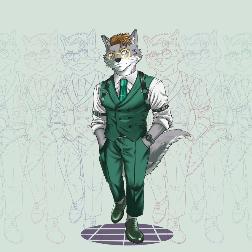 anthro belt_accessory boots brown_hair business_suit classy clock clothed clothing dress_shirt eyewear footwear front_view fully_clothed fur glasses grey_body grey_fur hair hands_in_both_pockets harness inner_ear_fluff looking_at_viewer male necktie pose pupils rolled_up_sleeves shirt shoes slit_pupils solo suit tail topwear tuft vest walking watch whiskers wristwatch swaggy_tamago super-nova mnesis canid canine corsac_fox fox mammal true_fox 1:1 2022 colored digital_media_(artwork) hi_res