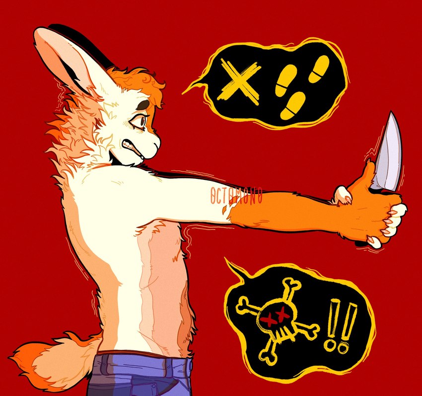 anthro blue_bottomwear blue_clothing blue_pants bottomwear clothed clothing fur gloves_(marking) hair holding_knife holding_object knife male markings orange_body orange_fur orange_hair pants red_background short_hair side_view simple_background solo speech_bubble standing topless white_body white_fur 0ct0m0n0 lagomorph leporid mammal rabbit hi_res