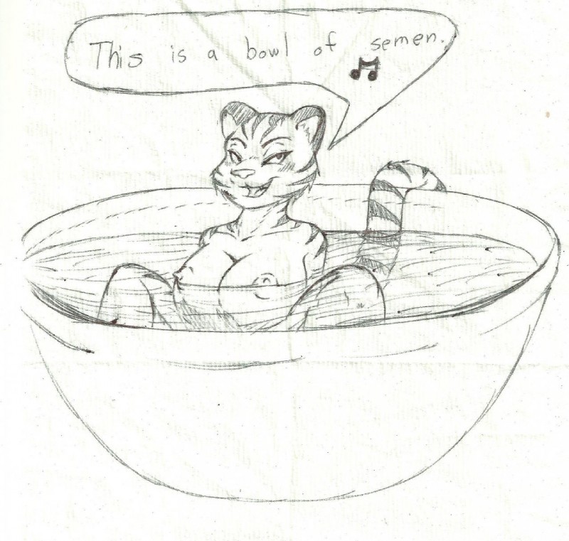 anthro biped bodily_fluids bowl breasts container cum cum_bath dialogue fangs female fur genital_fluids looking_at_viewer nipples open_mouth simple_background sitting smile solo stripes teeth text white_background rheumatism felid mammal pantherine tiger 2014 english_text hi_res