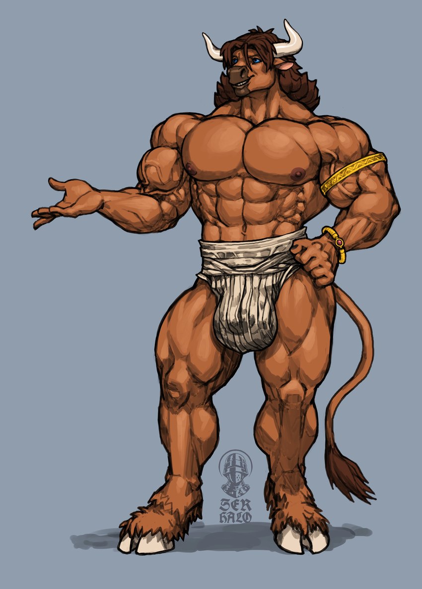 anthro armband balls_outline big_muscles blue_eyes bracelet brown_body brown_fur brown_hair brown_nose bulge clothing cloven_hooves detailed_bulge fur genital_outline hair hand_on_hip hooves horn huge_muscles jewelry looking_aside male muscular muscular_anthro muscular_male navel nipples penis_outline smile solo tail tail_tuft teeth tuft underwear ser_halo european_mythology greek_mythology mythology iason_avarta bovid bovine mammal minotaur absurd_res hi_res