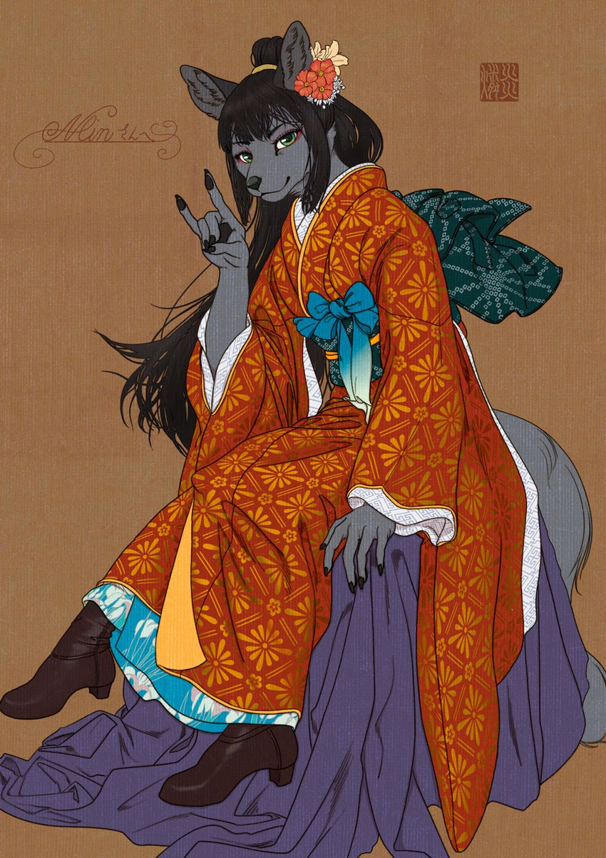 accessory anthro asian_clothing black_hair brown_background clothed clothing detailed_clothing devil_horns_(gesture) east_asian_clothing female flower flower_in_hair footwear fox_shadow_puppet fur gesture gesturing_at_viewer grey_body grey_fur hair hair_accessory hand_gesture japanese_clothing kitsune_sign_(gesture) plant shoes shoes_on simple_background sitting smile smiling_at_viewer solo text yen_rin canid canine fox mammal hi_res signature