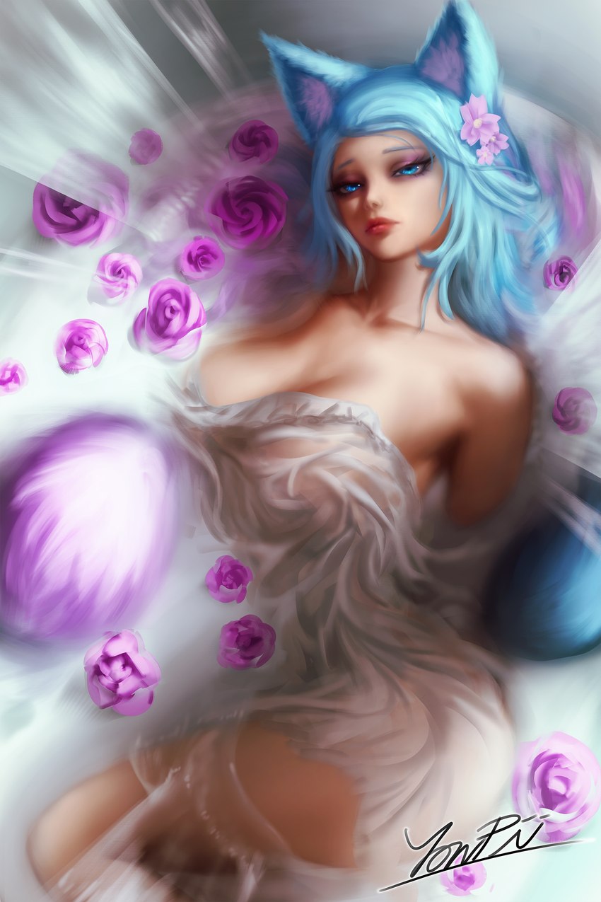 2_tails accessory bathing bathtub big_breasts biped bird's-eye_view blue_body blue_ears blue_eyes blue_fur blue_hair blue_inner_ear blue_tail breasts clothed clothing detailed_background dress eyelashes eyeshadow female flower flower_in_hair fluffy fluffy_ears fluffy_tail fur hair hair_accessory half-closed_eyes high-angle_view inner_ear_fluff light_body light_skin lips long_hair looking_at_viewer lying makeup multi_tail multicolored_hair narrowed_eyes on_side partially_submerged pink_body pink_fur pink_hair pink_inner_ear_fluff pink_tail plant purple_eyeshadow red_lips rose_(flower) solo tail translucent translucent_clothing translucent_dress tuft two_tone_hair two_tone_tail water wet wet_clothing white_clothing white_dress yonpii vshojo vtuber silvervale animal_humanoid canid canid_humanoid canine canine_humanoid fox_humanoid humanoid mammal mammal_humanoid 2:3 absurd_res digital_media_(artwork) hi_res portrait signature three-quarter_portrait