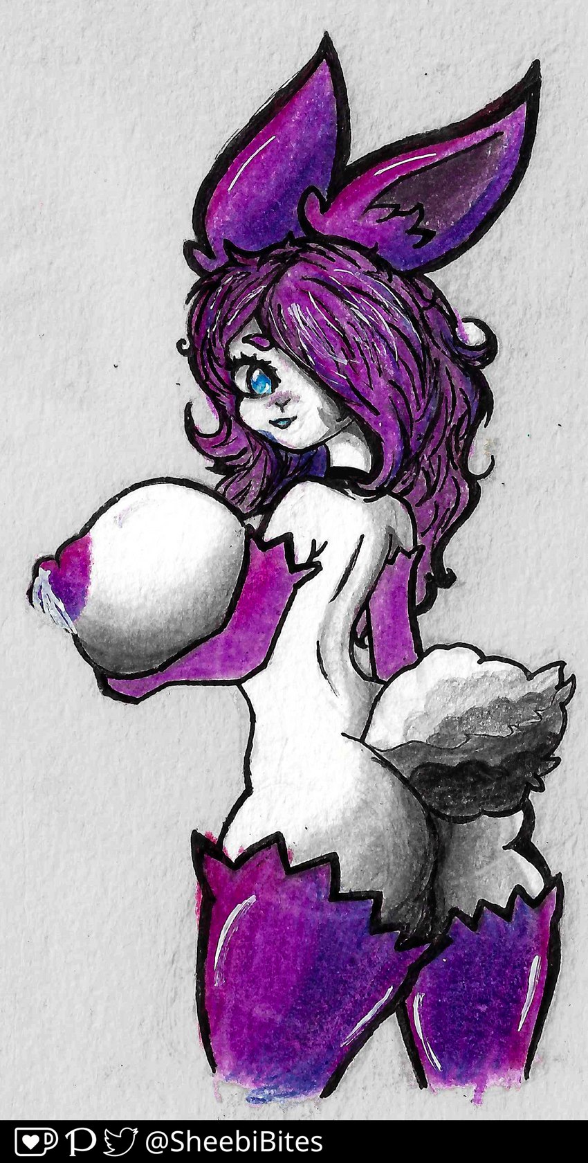 anthro big_breasts blue_eyes bodily_fluids breasts female from_the_back fur hair huge_breasts lactating mostly_nude nipples purple_arms purple_hair purple_legs purple_nipples rabbit_ears solo white_body white_fur sheebibites lagomorph leporid mammal rabbit absurd_res hi_res traditional_media_(artwork)