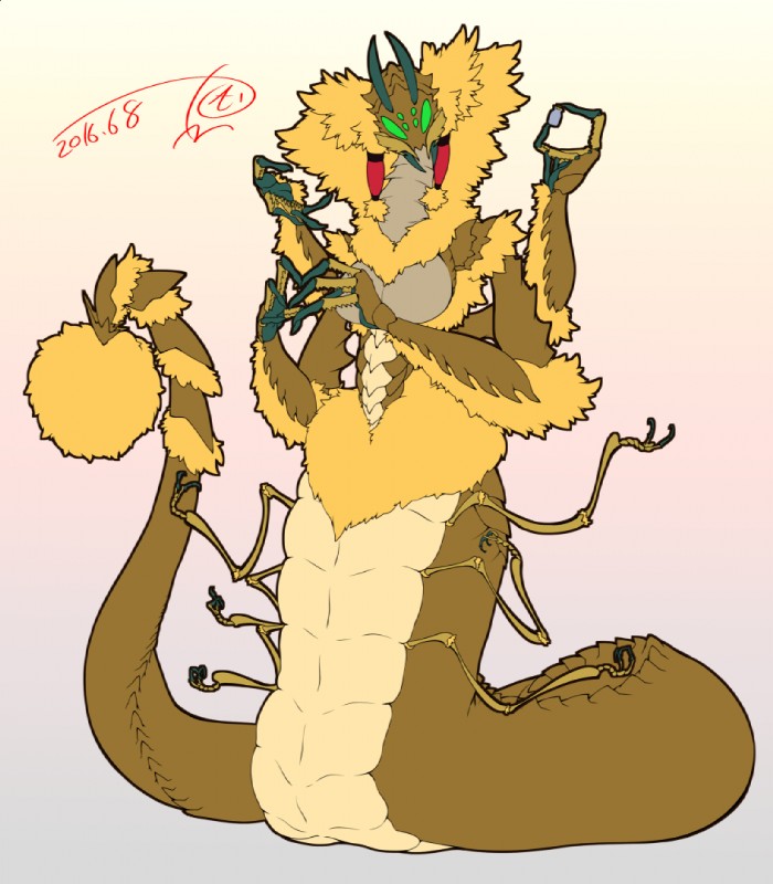 10_arms 4_fingers 6_eyes anthro breasts brown_body brown_exoskeleton brown_fur claws exoskeleton featureless_breasts female fingers fur green_eyes legless mandibles multi_arm multi_eye multi_limb non-mammal_breasts nude solo tail tail_tuft tuft karatachi arthropod 2016 signature