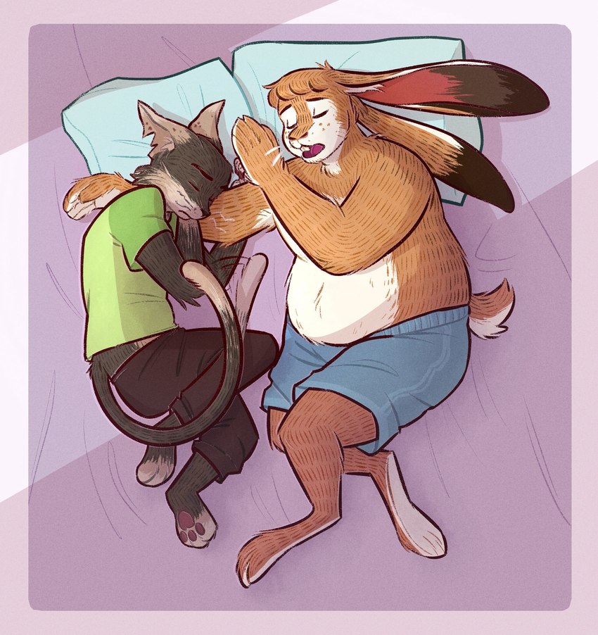 alternate_species anthro bangs bed bent_legs bottomwear buckteeth canon_couple cat_tail clothed clothing curled_up duo furniture furrification head_on_arm inner_ear_fluff long_ears lying male notched_ear on_bed on_side overweight overweight_anthro pants pillow plantigrade pointy_ears prick_ears scut_tail shirt short_tail sleeping t-shirt tail teeth topwear tuft whiskers gammija the_magnus_archives jonathan_sims martin_blackwood domestic_cat felid feline felis hare lagomorph leporid mammal hi_res