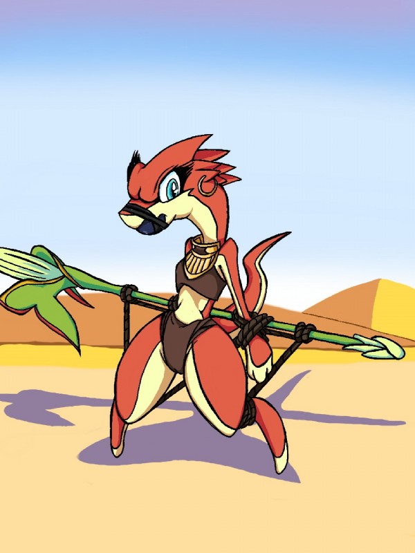 anthro ball_gag bdsm blue_eyes bondage bound clothing desert female gag looking_at_viewer melee_weapon polearm rope sand solo spear submissive submissive_female thick_thighs underwear weapon wide_hips naivintage ever_oasis nintendo miura drauk lizard reptile scalie 3:4 hi_res