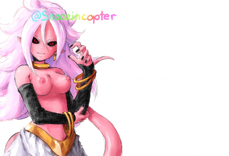 andoid_21 areola arm_warmers armwear black_nails black_sclera bottomwear bracelet breasts clothed clothing colored_nails ear_piercing female hair humanoid_pointy_ears jewelry long_hair looking_at_viewer nails necklace nipples not_furry pants piercing pink_body pink_skin pink_tail pointy_ears red_eyes simple_background smile solo standing tail text white_background white_hair snoozincopter dragon_ball dragon_ball_fighterz majin_android_21 alien alien_humanoid humanoid majin 2018 english_text hi_res