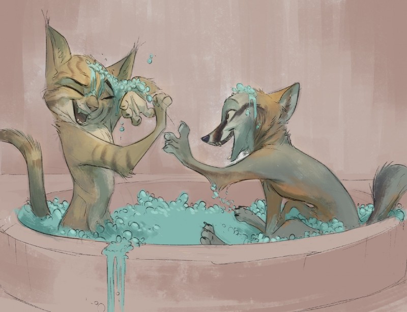 ambiguous_gender anthro bath bathing bubble claws duo facial_markings fur fur_markings head_markings inside male markings nude open_mouth open_smile ring_(marking) ringed_tail smile striped_markings striped_tail stripes tail tail_markings toe_claws water wet monoflax disney zootopia fan_character miles_(milesupshur47) raynos_(character) canid canine felid feline fox lynx mammal 2018