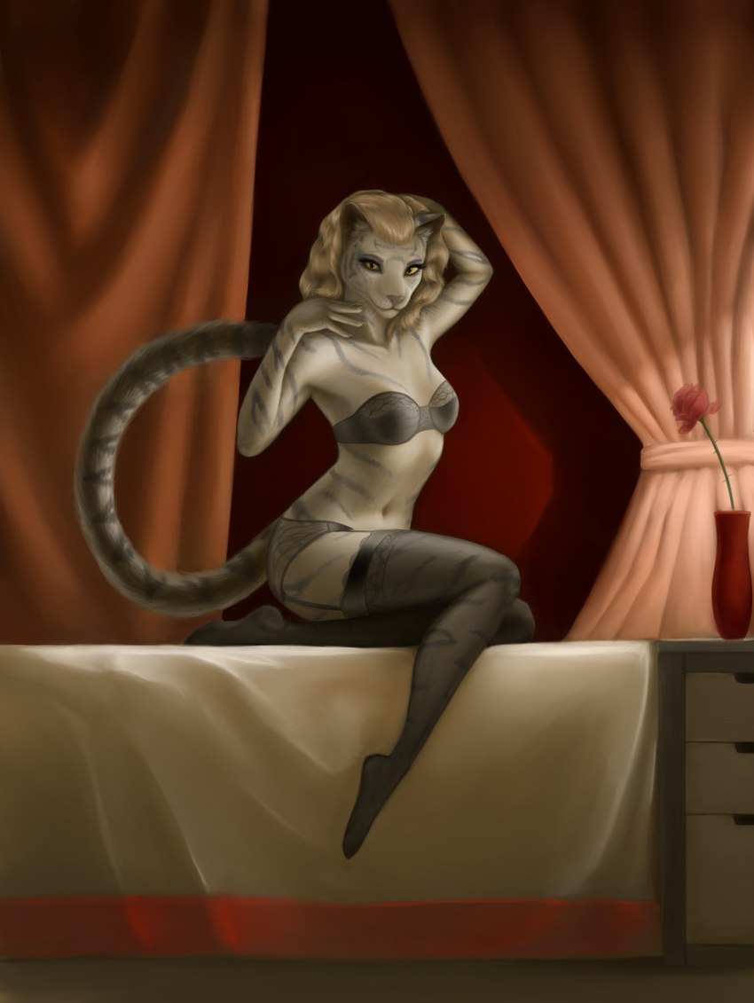 anthro bed bedroom blonde_hair breasts clothing curtains drawer feet female flower furniture hair leggings legwear navel on_bed plant pose rose_(flower) seductive sexy_eyes sitting sitting_on_bed small_breasts smile solo stockings stripes tail toes underwear vase wavy_hair yellow_eyes artz2012 microsoft the_elder_scrolls sheta felid feline khajiit mammal pantherine tiger 2018 digital_media_(artwork) hi_res