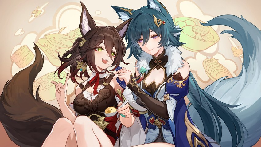 5_fingers big_breasts breasts brown_body brown_fur brown_hair cleavage clothed clothing cutlery duo female fingers fluffy fluffy_tail fox_tail fur green_eyes hair inner_ear_fluff kitchen_utensils long_hair looking_at_another open_mouth open_smile ponytail purple_eyes sleeveless smile spoon tail tools tuft unknown_artist honkai:_star_rail mihoyo tingyun_(honkai:_star_rail) yukong_(honkai:_star_rail) animal_humanoid canid canid_humanoid canine canine_humanoid fox_humanoid humanoid mammal mammal_humanoid absurd_res hi_res official_art