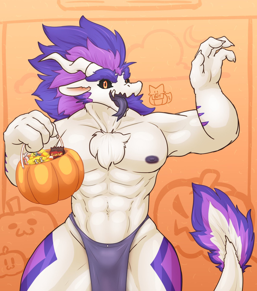 4_fingers abs anthro bottomwear candy chest_fur clothing dessert fingers food fruit fur holidays loincloth looking_at_viewer male muscular muscular_anthro muscular_male nipples non-mammal_nipples open_mouth open_smile plant pumpkin purple_nipples smile solo tail tongue tongue_out white_body blackontrack halloween mythology pich_(character) dragon furred_dragon furred_scalie mythological_creature mythological_scalie scalie 2020 hi_res