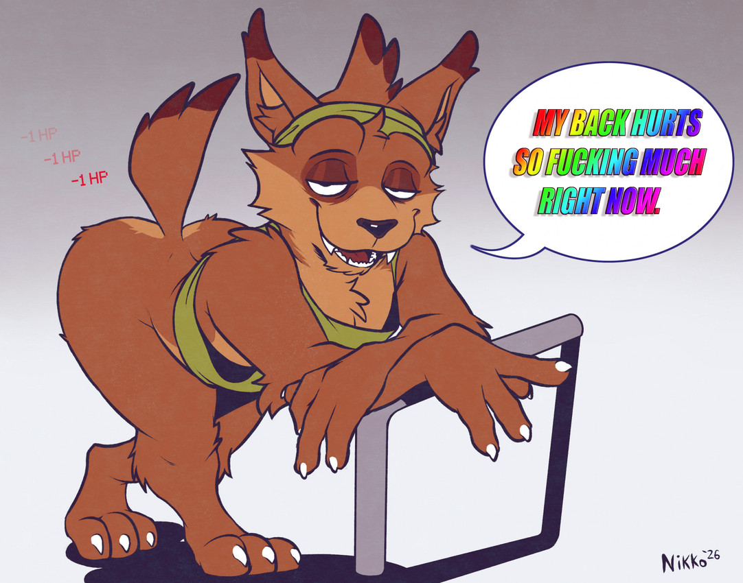 accessory anthro arm_support ass_up bent_over big_butt black_nose bottomless butt chest_tuft claws clothed clothing countershading dialogue ear_tuft eyebrows fangs fur gradient_background half-closed_eyes head_tuft headband humor looking_at_viewer male multicolored_text narrowed_eyes open_mouth orange_body orange_fur pointy_ears raised_eyebrows raised_tail shirt simple_background smile solo speech_bubble tail tank_top teeth text thick_thighs tongue toony topwear tuft wide_hips captain_nikko bubsy_(series) bubsy_bobcat bobcat felid feline lynx mammal 2026 english_text hi_res signature