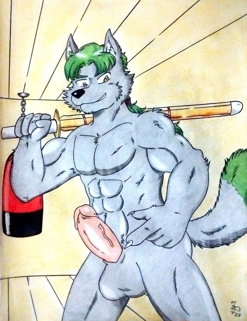 abs anthro balls barazoku biceps black_body black_fur black_nose dojo erection fur genitals gesture green_hair hair hand_gesture holding_object humanoid_genitalia humanoid_penis inviting_to_oral inviting_to_sex long_hair looking_at_viewer male manly muscular muscular_anthro muscular_arms muscular_male nude obliques pecs penis pink_penis pointing pointing_at_penis practice_sword punching_bag scar seductive shinai smile solo tail thick_penis tied_hair training vein veiny_penis wolf_tail yellow_eyes dashthefox naki_silverwind canid canine canis mammal wolf absurd_res hi_res traditional_media_(artwork)