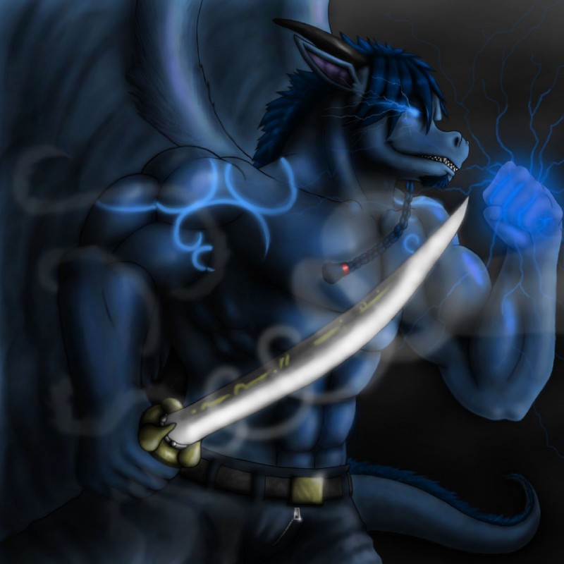 abs anthro belt biceps big_muscles biped blue_body blue_fur blue_hair blue_markings blue_skin bottomwear braided_hair clothed clothing facial_hair fantasy feathered_wings feathers flexing fur glowing goatee hair holding_melee_weapon holding_object holding_sword holding_weapon horn light magic male markings melee_weapon muscular muscular_anthro muscular_male pants pecs ponytail pose scales simple_background solo standing sword tail topless weapon wind wings metalfoxt european_mythology gilian mythology gilian_(character) deity dragon feathered_dragon feathered_scalie mythological_creature mythological_scalie scalie western_dragon 1:1 2012 hi_res lighting