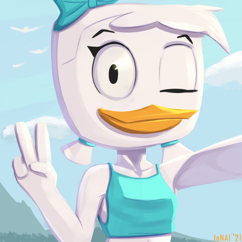 4_fingers anthro beak blue_sky cloud day female fingers gesture hand_gesture looking_at_viewer one_eye_closed outside pigtails selfie sky solo v_sign wink ionai disney ducktales ducktales_(2017) june_duck anatid anseriform avian bird duck 1:1 2021 absurd_res artist_name colored hi_res