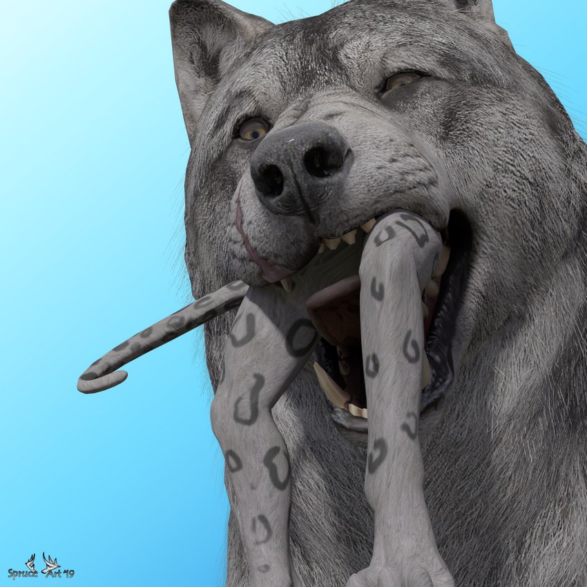 anthro anthro_prey duo feral feral_pred larger_pred male male/male oral_vore size_difference smaller_prey vore sprucethedeer jax_cane canid canine canis felid feline mammal pantherine snow_leopard wolf rendered 1:1 2019 3d_(artwork) digital_media_(artwork)