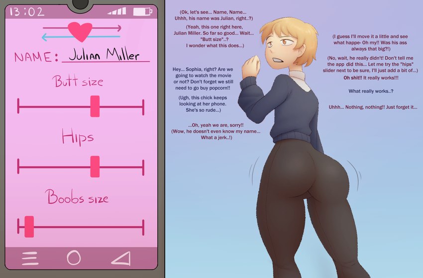 ambiguous_gender butt butt_expansion crossgender expansion gender_transformation not_furry oblivious offscreen_character phone_app solo text transformation zorym human mammal english_text hi_res