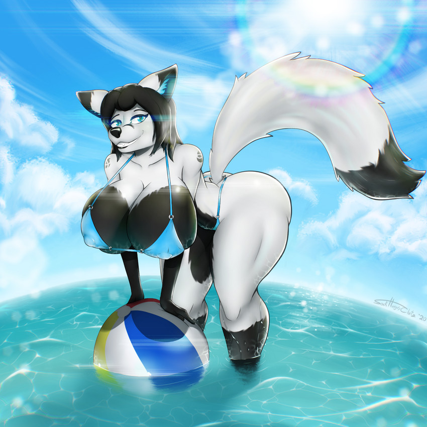 anthro ball beach_ball bent_over big_breasts bikini blue_eyes breasts chromatic_aberration clothing cloud female huge_breasts inflatable inner_ear_fluff lens_flare machine solo swimwear tuft two-piece_swimsuit water sockhungryclutz android canid canine fox mammal robot 1:1 hi_res