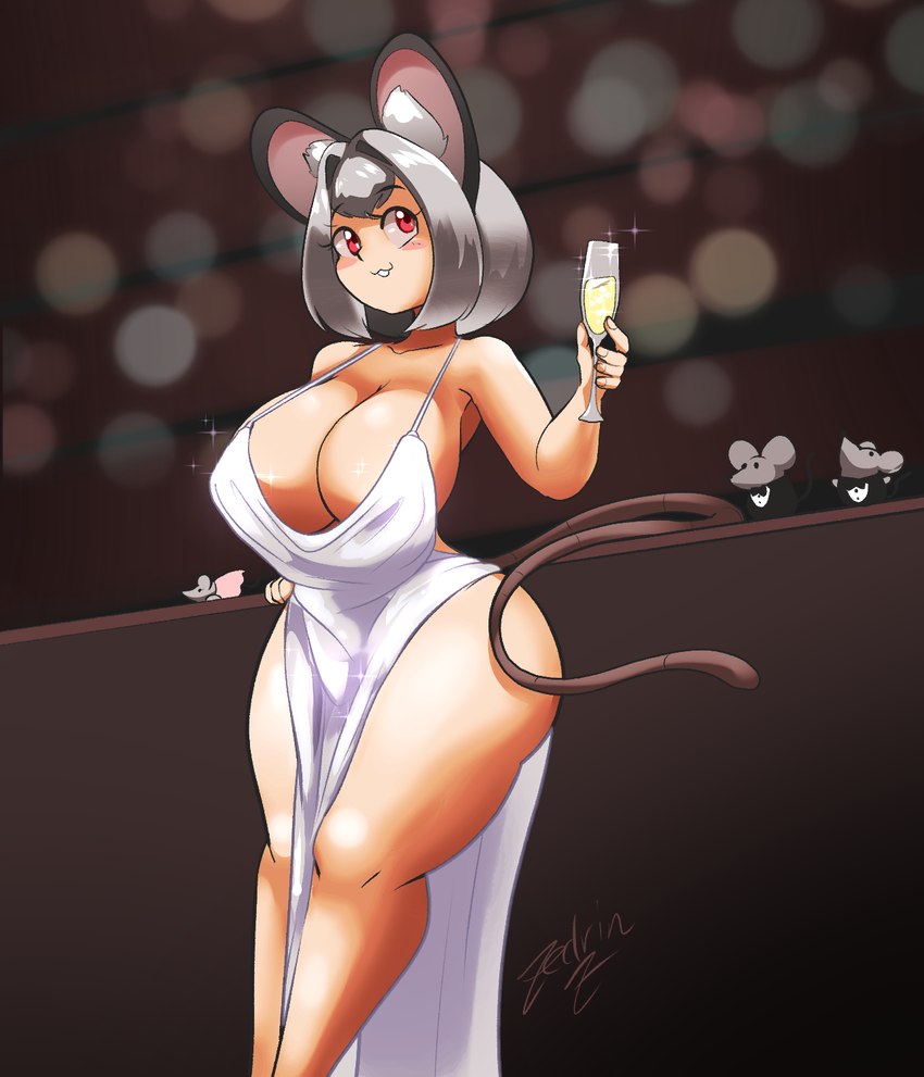 alcohol beverage big_breasts biped blush breasts champagne cleavage clothed clothed_feral clothing dress evening_gown eyelashes female feral grey_hair hair holding_beverage holding_object larger_female pupils red_eyes size_difference smaller_feral smile tail thick_thighs zedrin touhou nazrin animal_humanoid humanoid mammal mammal_humanoid mouse_humanoid murid murid_humanoid murine murine_humanoid rodent rodent_humanoid hi_res