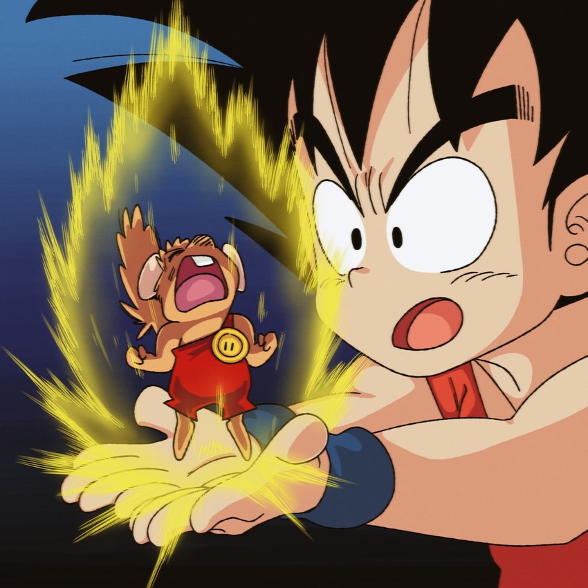 anthro black_eyes brown_body clothed clothing duo eyes_closed humanoid_hands male on_model on_style simple_background size_difference style_emulation hey_its_lollie dragon_ball gamba_no_bouken gamba_no_bouken_(series) ganba goku human mammal mouse murid murine rodent 1:1 2021 hi_res