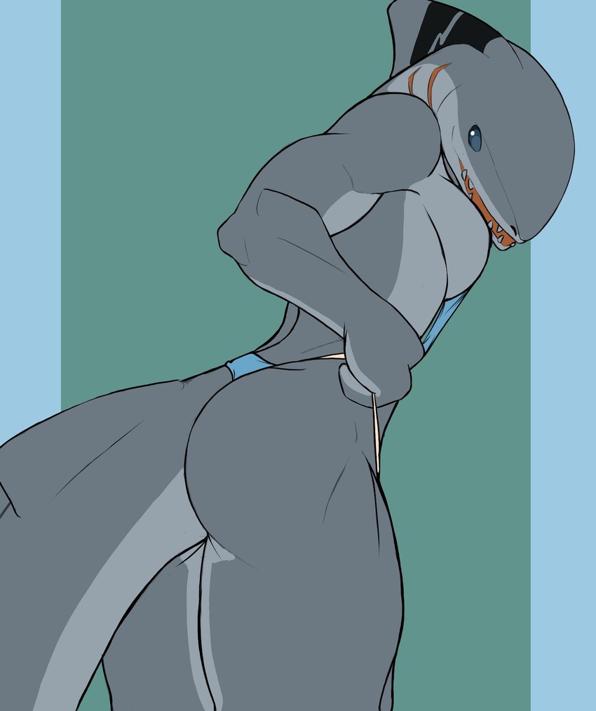 anthro breasts butt clothed clothing female gills grey_body non-mammal_breasts open_mouth sharp_teeth side_boob solo standing tattoo teeth f_draws selene_(f_draws) fish mammal marine shark hi_res