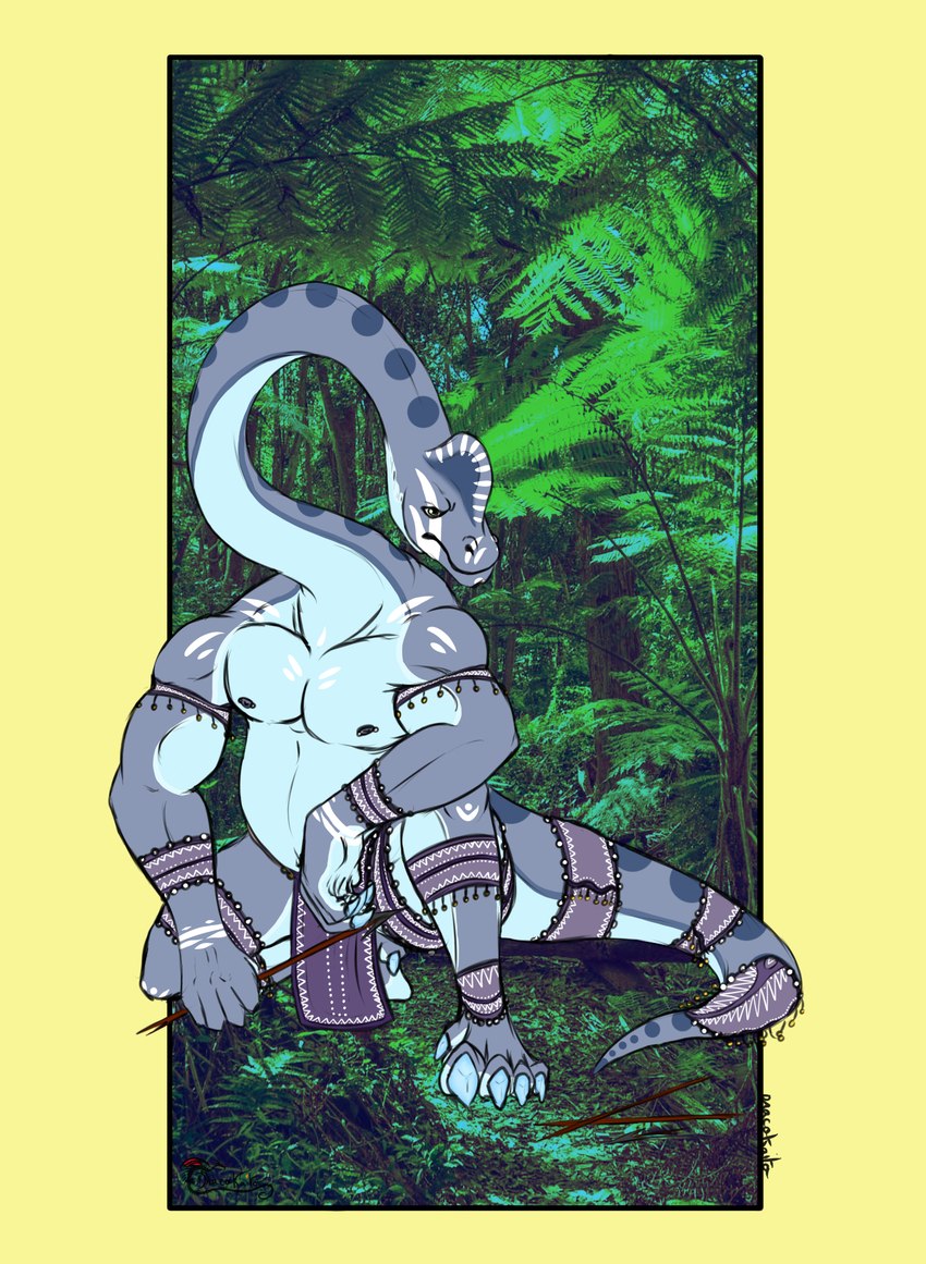 anthro arrow_(weapon) ethnic hunting indigenous inspection male muscular nude overweight painting piercing primal ranged_weapon searching solo tail weapon dracokaito brachiosaurid brachiosaurus dinosaur prehistoric_species reptile sauropod sauropodomorph scalie digital_media_(artwork) flat_colors full-length_portrait hi_res portrait sketch