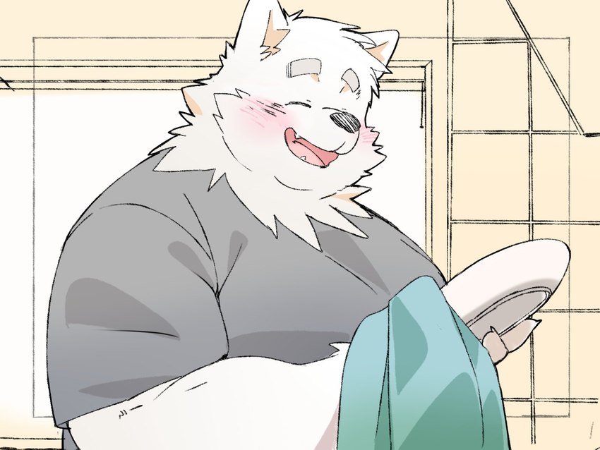 anthro black_nose blush clothing eyes_closed kemono male open_mouth overweight overweight_male shirt smile solo topwear inunoshippo canid canine canis domestic_dog mammal 2024 4:3 hi_res