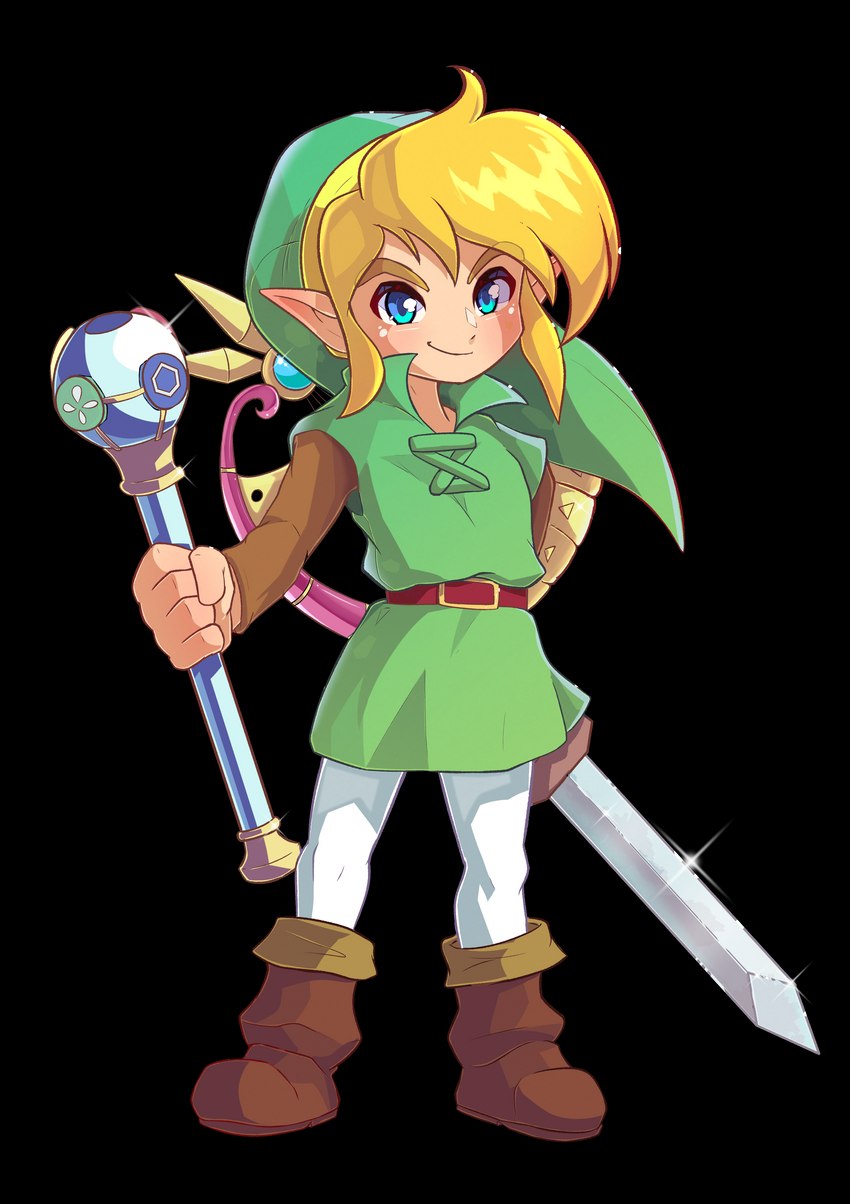 blonde_hair blue_eyes boots clothing footwear hair holding_object humanoid_pointy_ears light_body light_skin male melee_weapon not_furry pointy_ears shoes smile solo sword weapon nin10ja nintendo the_legend_of_zelda link humanoid hylian 2021 absurd_res alpha_channel hi_res