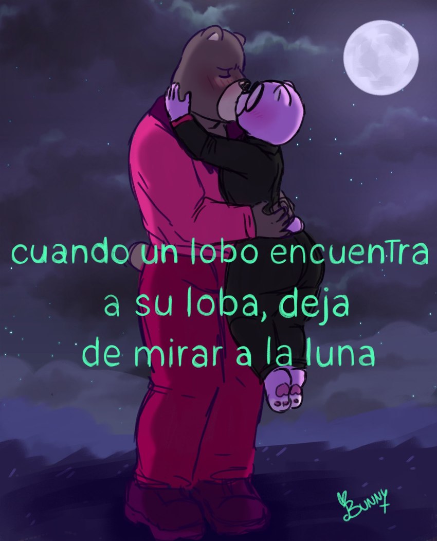 anthro blush bottomwear butt clothing duo eyes_closed kissing moon night outside pants shirt text topwear bunny0baby unicorn_wars padre_(unicorn_wars) sargento_caricias bear mammal 2023 hi_res spanish_text translated