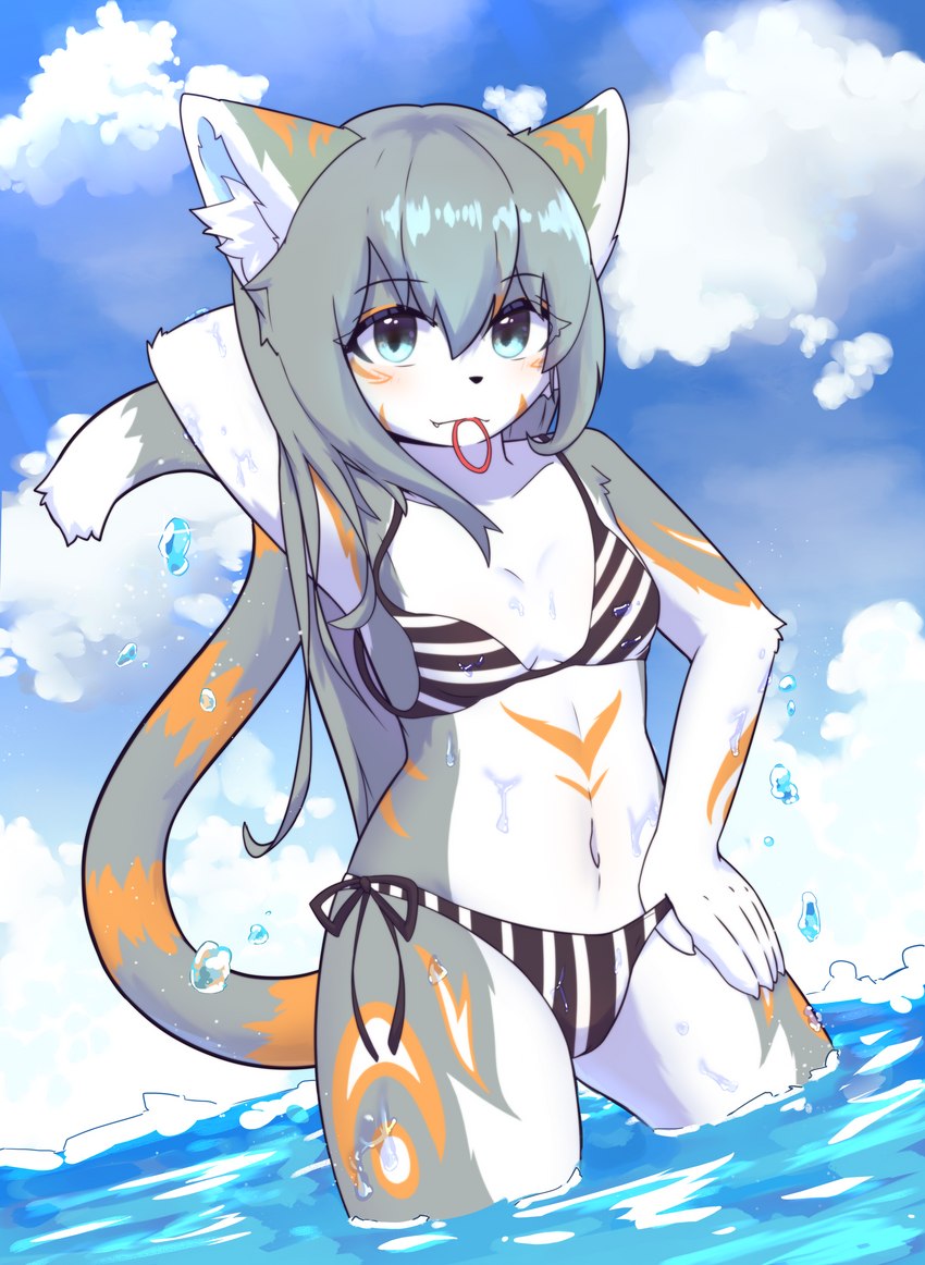 anthro bikini blue_eyes blush breasts chest_markings clothing cloud cute_fangs ear_markings ear_tuft female female_anthro fur glistening grey_body grey_fur grey_hair hair hand_behind_head hand_on_leg hand_on_thigh kemono leg_markings light long_hair looking_at_viewer markings navel orange_markings outside partially_submerged raised_arm sea seascape side-tie_bikini sky small_breasts solo standing standing_in_water string_bikini stripes sunlight swimwear tail tail_markings thigh_markings tuft two-piece_swimsuit water wet white_body shiokisylvia domestic_cat felid feline felis mammal absurd_res hi_res portrait three-quarter_portrait