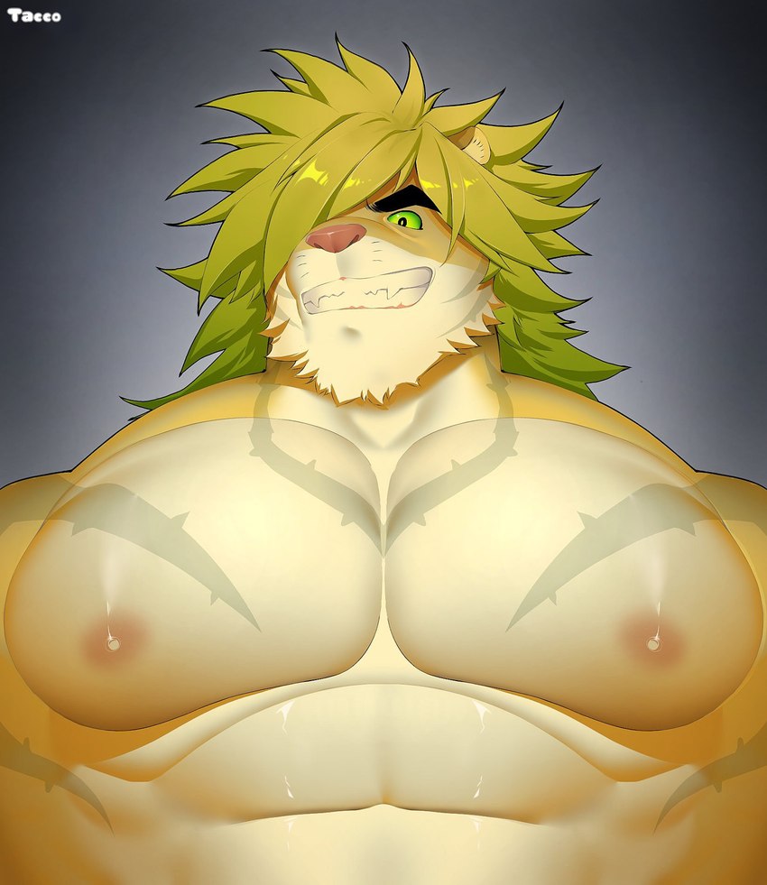 abs anthro blonde_hair blue_eyes fur green_hair green_sclera hair male mane markings muscular muscular_arms muscular_male nipples one_eye_obstructed pecs smile solo tan_body tan_fur third_eye_(marking) yellow_body yellow_fur el_tacc0 lifewonders tokyo_afterschool_summoners macan_(tas) felid mammal pantherine tiger hi_res